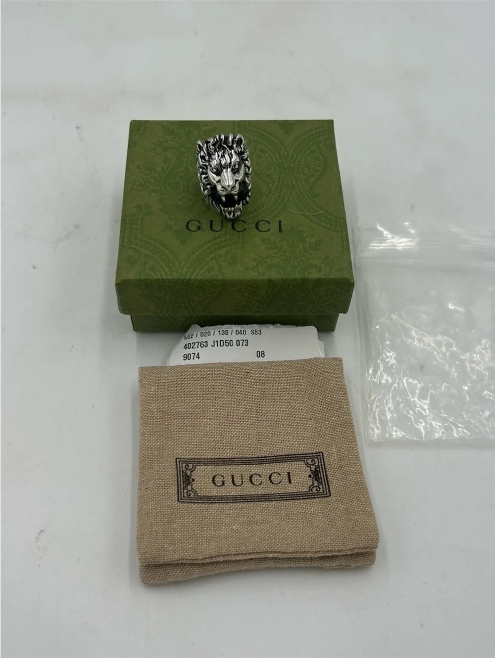 Unisex, Gucci, Lionhead, silver metal motif ring size 4 black Crystal made Italy